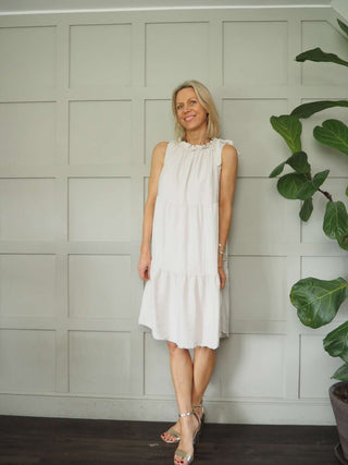 Kaseyli Dress with Shoulder Tie and Tiered Hem - Aqua, Sky Blue, Stone, White