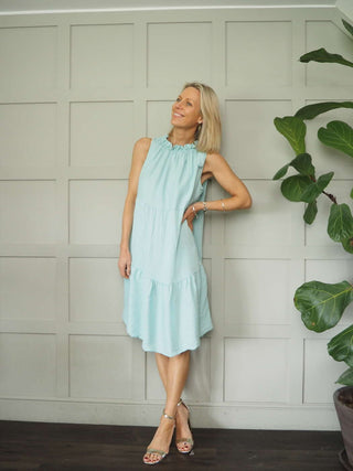 Kaseyli Dress with Shoulder Tie and Tiered Hem - Aqua, Sky Blue, Stone, White