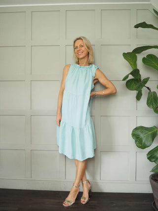 Kaseyli Dress with Shoulder Tie and Tiered Hem - Aqua, Sky Blue, Stone, White