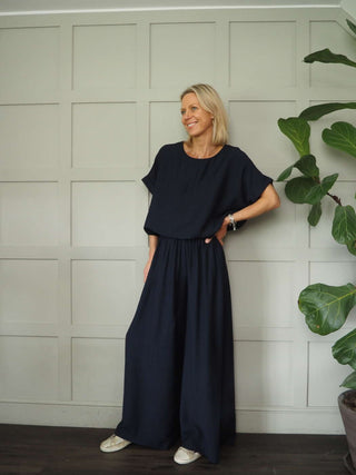 Davinchi Short Sleeved Top &amp; Wide Leg Trouser Set - Khaki, Navy Blue