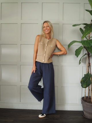 Canmello Sleeveless Cardigan with Gold Buttons &amp; Faux Pockets - Black, Camel and Ecru