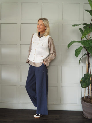 Canmello Sleeveless Cardigan with Gold Buttons &amp; Faux Pockets - Black, Camel and Ecru