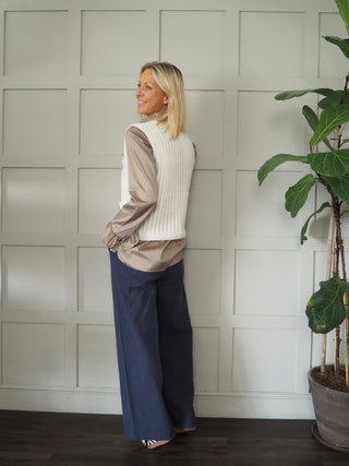 Canmello Sleeveless Cardigan with Gold Buttons &amp; Faux Pockets - Black, Camel and Ecru