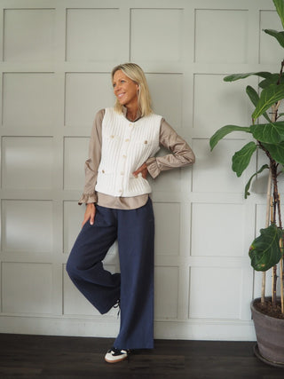 Canmello Sleeveless Cardigan with Gold Buttons &amp; Faux Pockets - Black, Camel and Ecru