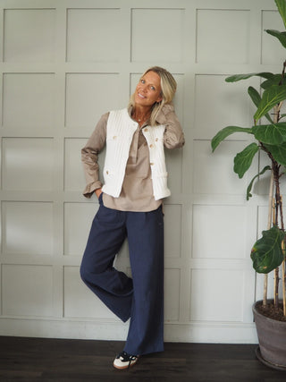 Canmello Sleeveless Cardigan with Gold Buttons &amp; Faux Pockets - Black, Camel and Ecru