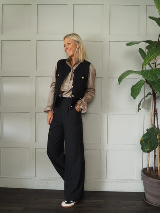 Canmello Sleeveless Cardigan with Gold Buttons &amp; Faux Pockets - Black, Camel and Ecru