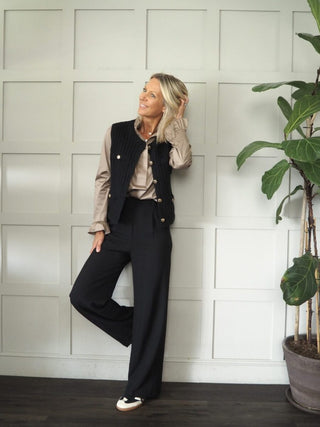 Canmello Sleeveless Cardigan with Gold Buttons &amp; Faux Pockets - Black, Camel and Ecru