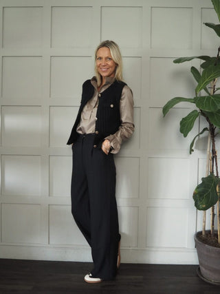 Canmello Sleeveless Cardigan with Gold Buttons &amp; Faux Pockets - Black, Camel and Ecru