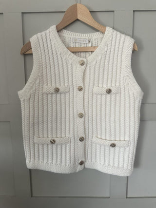 Canmello Sleeveless Cardigan with Gold Buttons &amp; Faux Pockets - Black, Camel and Ecru