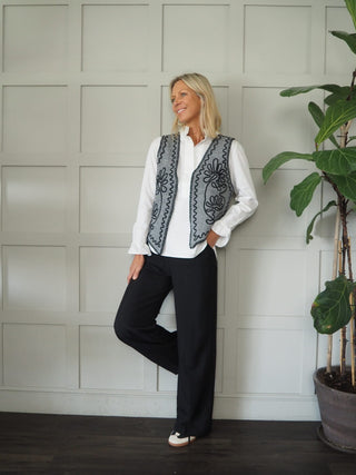 Xoxo Felt Feel Embroidered Gilet with No Fastening - Black and Grey