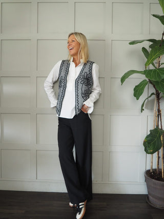 Xoxo Felt Feel Embroidered Gilet with No Fastening - Black and Grey
