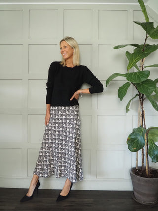 Rin A-Line Skirt with Elasticated Waist by Part Two - Black/Off White Graphic Design