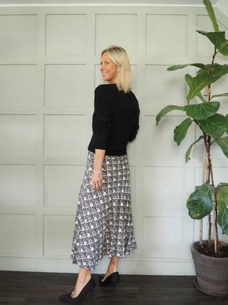 Rin A-Line Skirt with Elasticated Waist by Part Two - Black/Off White Graphic Design