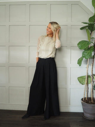 Farida Wide Leg Trousers with Side Pockets and Pleating Detail - Black, Khaki, Oatmeal