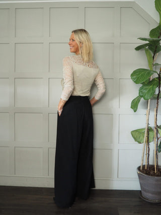 Farida Wide Leg Trousers with Side Pockets and Pleating Detail - Black, Khaki, Oatmeal