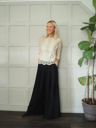 Farida Wide Leg Trousers with Side Pockets and Pleating Detail - Black, Khaki, Oatmeal