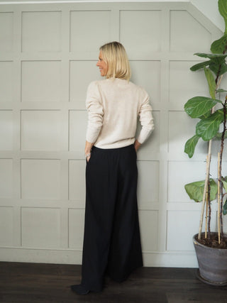 Farida Wide Leg Trousers with Side Pockets and Pleating Detail - Black, Khaki, Oatmeal