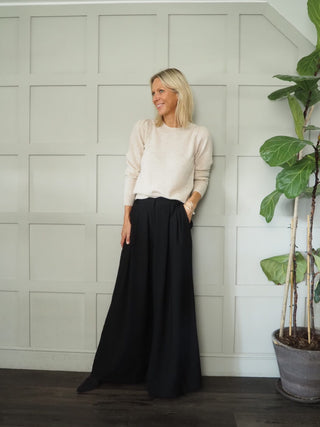 Farida Wide Leg Trousers with Side Pockets and Pleating Detail - Black, Khaki, Oatmeal