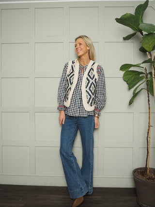 Issy Waistcoat with Faux Sheepskin Trim - Ecru/Navy Blue