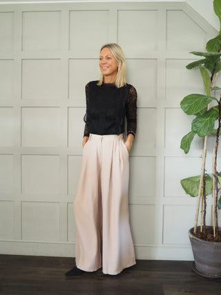 Farida Wide Leg Trousers with Side Pockets and Pleating Detail - Black, Khaki, Oatmeal