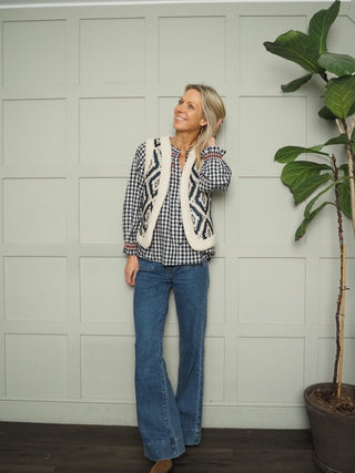 Issy Waistcoat with Faux Sheepskin Trim - Ecru/Navy Blue