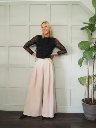 Farida Wide Leg Trousers with Side Pockets and Pleating Detail - Black, Khaki, Oatmeal