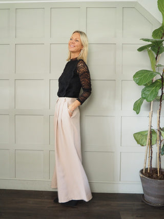 Farida Wide Leg Trousers with Side Pockets and Pleating Detail - Black, Khaki, Oatmeal
