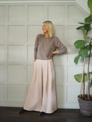 Farida Wide Leg Trousers with Side Pockets and Pleating Detail - Black, Khaki, Oatmeal
