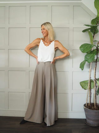 Farida Wide Leg Trousers with Side Pockets and Pleating Detail - Black, Khaki, Oatmeal