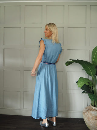 Starra Chambray Dress with Scarf Belt - Light Blue