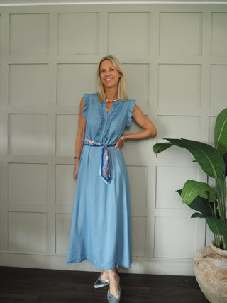 Starra Chambray Dress with Scarf Belt - Light Blue