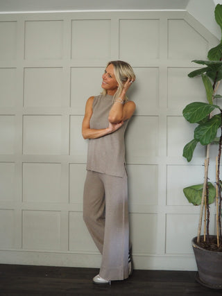 Meryl Sleeveless, Turtleneck Top &amp; Wide Leg Trouser Set - Black, Khaki, Mushroom and Oatmeal