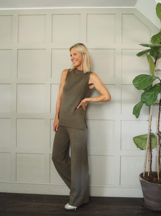 Meryl Sleeveless, Turtleneck Top &amp; Wide Leg Trouser Set - Black, Khaki, Mushroom and Oatmeal