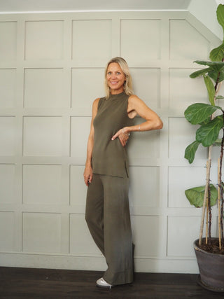 Meryl Sleeveless, Turtleneck Top &amp; Wide Leg Trouser Set - Black, Khaki, Mushroom and Oatmeal