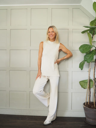 Meryl Sleeveless, Turtleneck Top &amp; Wide Leg Trouser Set - Black, Khaki, Mushroom and Oatmeal