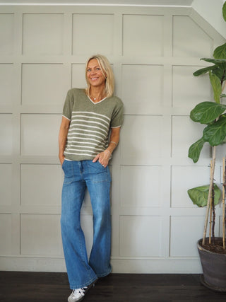 Greta V-Neck Stripe Short Sleeve Jumper - Khaki and Navy