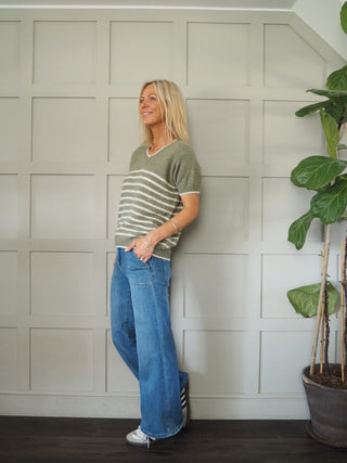 Greta V-Neck Stripe Short Sleeve Jumper - Khaki and Navy