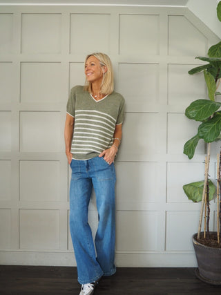 Greta V-Neck Stripe Short Sleeve Jumper - Khaki and Navy