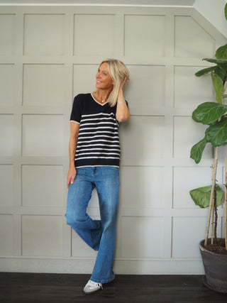 Greta V-Neck Stripe Short Sleeve Jumper - Khaki and Navy