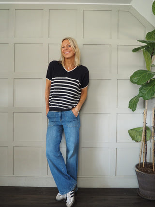 Greta V-Neck Stripe Short Sleeve Jumper - Khaki and Navy