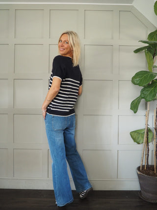 Greta V-Neck Stripe Short Sleeve Jumper - Khaki and Navy