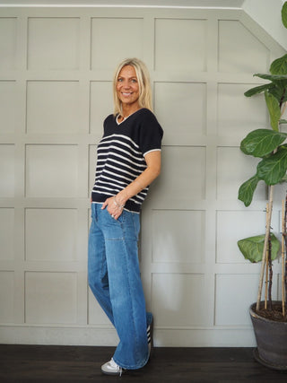 Greta V-Neck Stripe Short Sleeve Jumper - Khaki and Navy