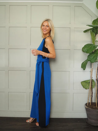 Funke Halter Neck Wide Leg Jumpsuit With Detachable Belt - Black, Blue and Red