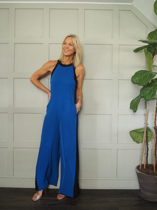 Funke Halter Neck Wide Leg Jumpsuit With Detachable Belt - Black, Blue and Red