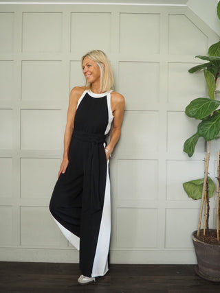 Funke Halter Neck Wide Leg Jumpsuit With Detachable Belt - Black, Blue and Red