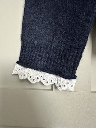 Fantasia Super Soft Cardigan with Gold Bow Buttons &amp; Broderie Anglaise Detail - Navy Blue/White