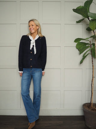 Fantasia Super Soft Cardigan with Gold Bow Buttons &amp; Broderie Anglaise Detail - Navy Blue/White
