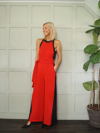 Funke Halter Neck Wide Leg Jumpsuit With Detachable Belt - Black, Blue and Red