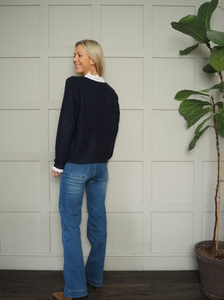 Fantasia Super Soft Cardigan with Gold Bow Buttons &amp; Broderie Anglaise Detail - Navy Blue/White