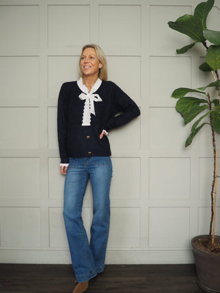 Fantasia Super Soft Cardigan with Gold Bow Buttons &amp; Broderie Anglaise Detail - Navy Blue/White